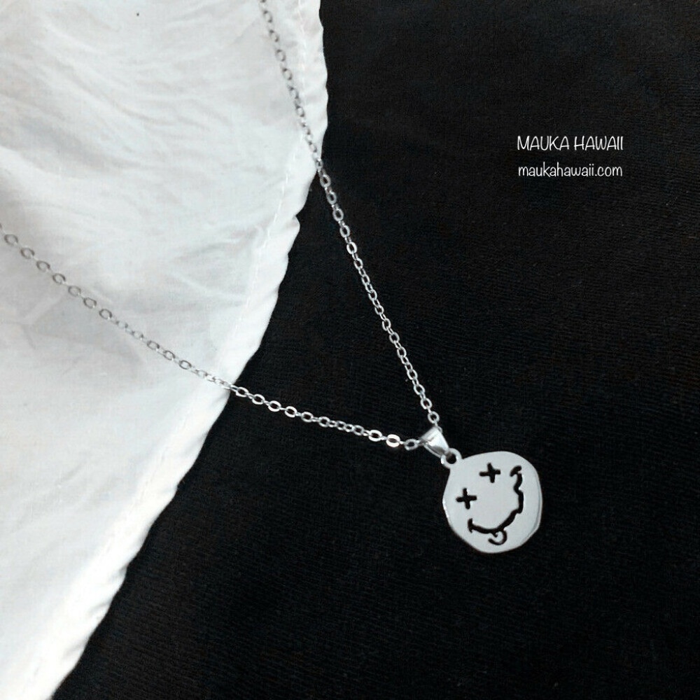 Stainless Wacky Nirvana Smiley Face Smile Charm Necklace 18” Chain New!